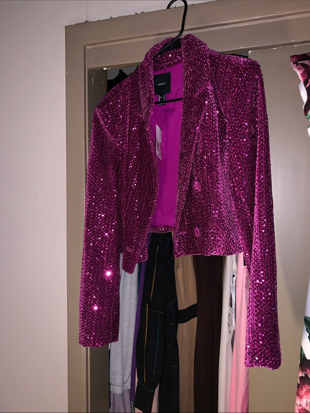 Express Sequin Cropped Blazer - Fuchsia